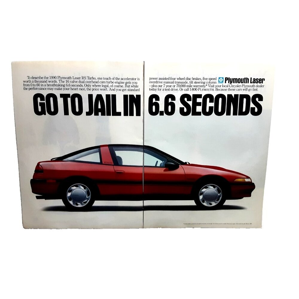 1989 1990 Plymouth Laser Turbo Ad – Classic Sports Car Go to Jail Vintage Print